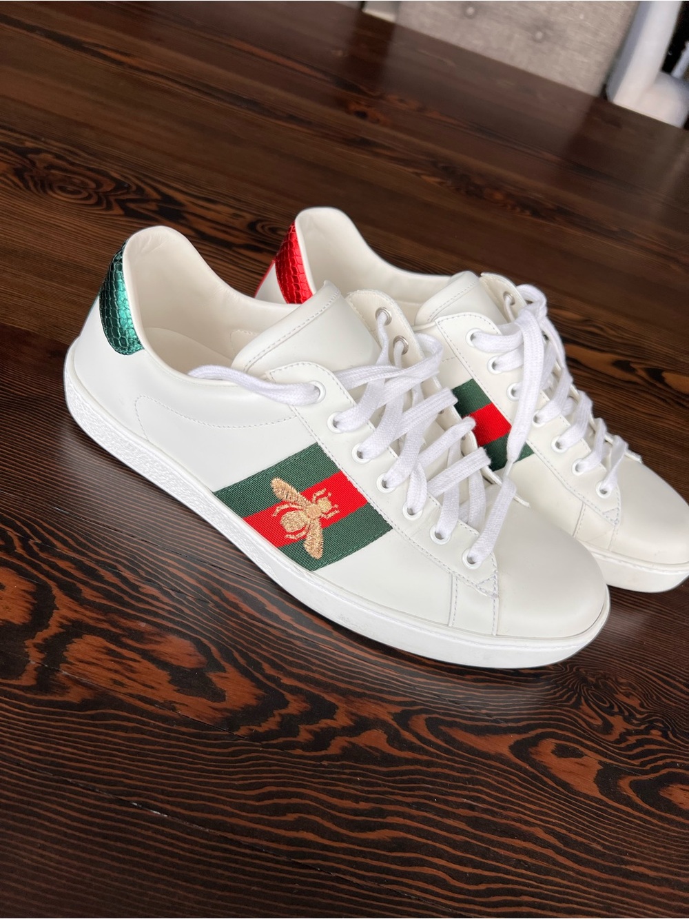 Men’s Gucci White Leather Sneakers with Green & Red Stripe and Gold Bee Accent